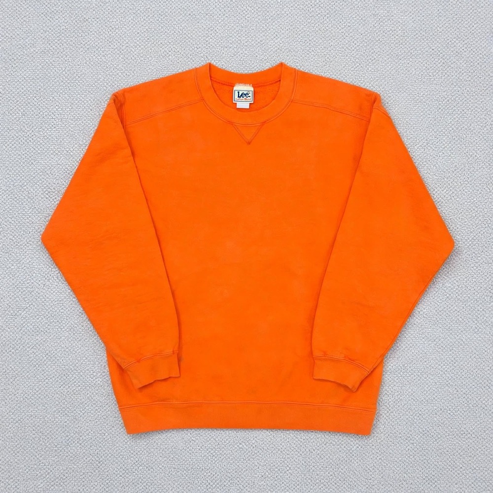 Vintage 90s Lee Crewneck Sweatshirt Mens L Bright Orange Blank USA Made V Notch